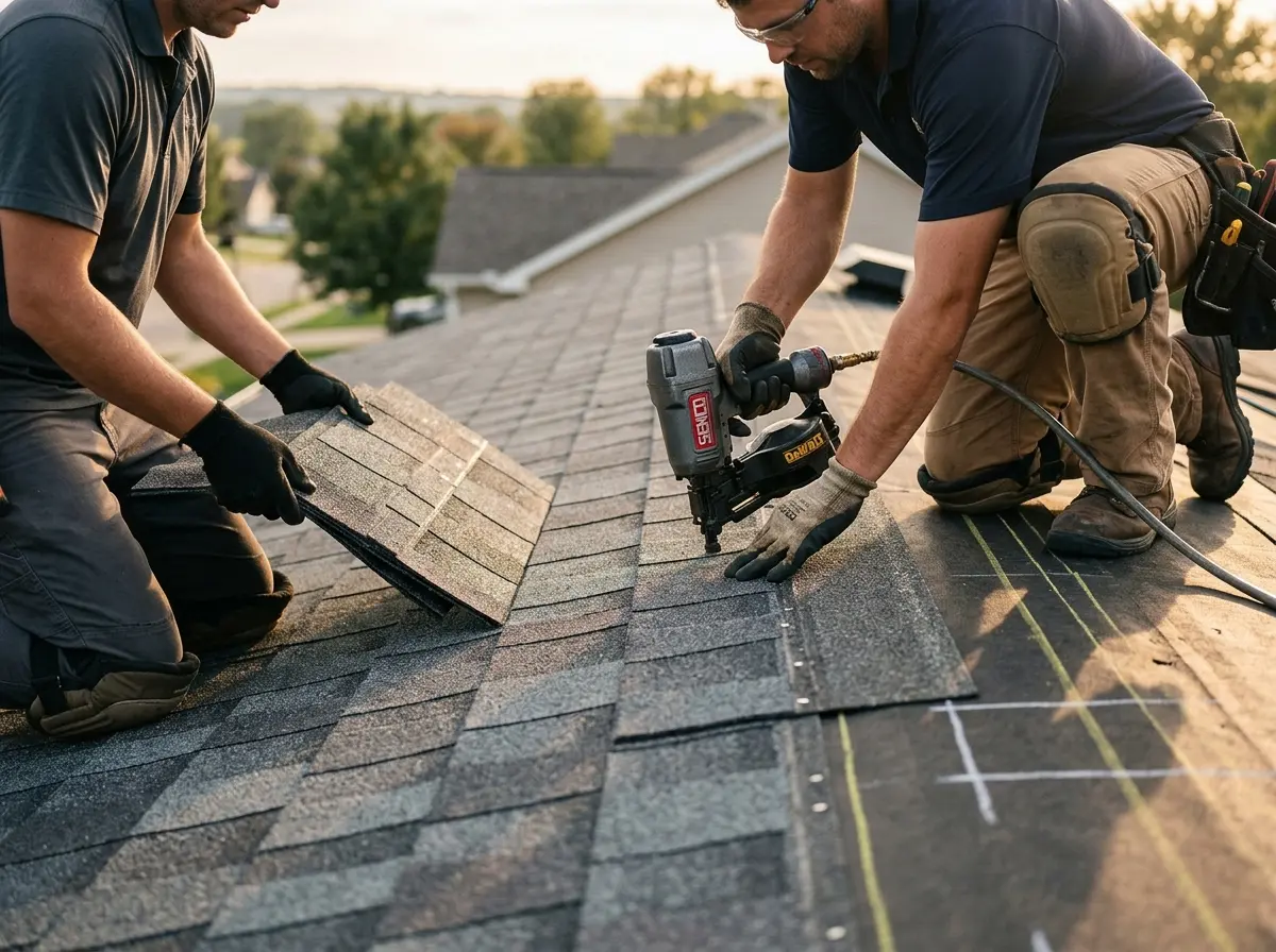Professional roofer working on a residential roof in Great Neck